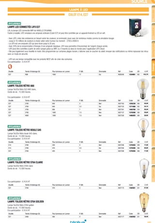 685
FiletcâbleConduitet
cheminement
Appareillagedubâtiment
etpetittertiaire
ÉclairageSécurité
etcommunication
Chauffageélectrique
etventilation
VDIetréseau
informatique
Outillageélectrique
etmesureportable
Spécifique
industriel
Production
d’énergie
SOURCE
LAMPE À LED
CULOT E14, E27
LAMPE LED CONNECTÉE LIFX E27­
Lifx, la lampe LED connectée WIFI de HAVELLS SYLVANIA
Facile à installer, LIFX remplace une ampoule ordinaire (Culot E27) et peut être contrôlée par un appareil Android ou iOS en wifi.
- Avec LIFX, créez des ambiances en faisant varier les couleurs, la luminosité, jouez avec de nombreux modes comme la simulation bougie
- Jusqu’à 16 millions de couleurs à choisir selon votre humeur du moment - 2700 à 8000 K
- La LIFX est une ampoule LED qui peut durer jusqu’à 20 ans.
- Avec 20% de la consommation d’énergie d’une ampoule classique, LIFX vous permettra d’économiser de l’argent chaque année.
- LIFX peut être contrôlée à partir de votre canapé grâce au WIFI, ou n’importe où dans le monde avec l’application LIFX Cloud.
- Elle peut également vous réveiller le matin, être programmée sur certaines plages horaire, s’allumer avec le coucher du soleil, envoyer des notifications ou même repousser les intrus
avec un mode de sécurité.
- LIFX est une lampe compatible avec les produits NEST afin de créer des scénarios.
Eco-participation : 0,16 € HT
Douille Teinte d’éclairage (K) Flux lumineux en Lumen P (W) Dimmable Réf Code CR € HT
E27 RGB 1000 17 Oui 9026340 1254901 E62 153,75
LAMPE TOLEDO RÉTRO A60­
Lampe ToLEDo Rétro GLS A60 claire,
Durée de vie : 15 000 heures.
Eco-participation : 0,16 € HT
Douille Teinte d’éclairage (K) Flux lumineux en Lumen P (W) Dimmable Réf Code CR € HT
E27 2700 640 5 Non 0027163 1255238 E66 20,00
E27 2700 640 5.5 Oui 0027125 1371688 E62 24,15
E27 2700 806 7 Non 0027341 1464760 E54 20,50
E27 2700 1000 7.5 Non 0027137 1370390 E66 30,85
E27 4000 1000 7.5 Non 0027330 1466283 E66 30,85
LAMPE TOLEDO RÉTRO BOULE G45­
Lampe ToLEDo Rétro boule G45 claire,
Durée de vie : 15 000 heures.
Eco-participation : 0,16 € HT
Douille Teinte d’éclairage (K) Flux lumineux en Lumen P (W) Dimmable Réf Code CR € HT
E14 2700 420 4 Non 0027246 1370393 E99 17,50
E14 2700 470 4.5 Oui 0027250 1370395 E66 20,85
E27 2700 420 4 Non 0027248 1370394 E66 17,50
LAMPE TOLEDO RÉTRO ST64 CLAIRE­
Lampe ToLEDo Rétro ST64 claire
Durée de vie : 15 000 heures.
Eco-participation : 0,16 € HT
Douille Teinte d’éclairage (K) Flux lumineux en Lumen P (W) Dimmable Réf Code CR € HT
E27 2700 470 4 Non 0027175 1382581 E51 27,50
LAMPE TOLEDO RÉTRO ST64 GOLDEN­
Lampe ToLEDo Rétro ST64 golden
Durée de vie : 15 000 heures.
Eco-participation : 0,16 € HT
Douille Teinte d’éclairage (K) Flux lumineux en Lumen P (W) Dimmable Réf Code CR € HT
E27 2400 400 4 Non 0027177 1382582 E51 30,50
Tereva_04_Electricite_04_Eclairage.indd 685 14/02/2017 16:47
 