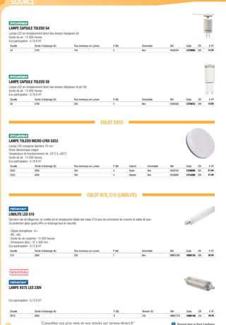 688 Présent dans le Pack ConfianceConsultez vos prix nets et vos stocks sur tereva-direct.fr*
*ouverture de compte obligatoire
SOURCE
LAMPE CAPSULE TOLEDO G4­
Lampe LED en remplacement direct des lampes halogènes G4.
Durée de vie : 15 000 heures.
Eco-participation : 0,16 € HT
Douille Teinte d’éclairage (K) Flux lumineux en Lumen P (W) Dimmable Réf Code CR € HT
G4 2700 140 2 Non 0026504 1370092 E62 13,35
LAMPE CAPSULE TOLEDO G9­
Lampe LED en remplacement direct des lampes halogènes Hi-pin G9.
Durée de vie : 15 000 heures.
Eco-participation : 0,16 € HT
Douille Teinte d’éclairage (K) Flux lumineux en Lumen P (W) Dimmable Réf Code CR € HT
G9 2700 200 3 Non 0026506 1370072 E99 15,00
CULOT GX53
LAMPE TOLEDO MICRO-LYNX GX53­
Lampe LED compacte diamètre 76 mm
Driver électronique intégré
Température de fonctionnement de -25°C à +60°C
Durée de vie : 15 000 heures.
Eco-participation : 0,16 € HT
Douille Teinte d’éclairage (K) Flux lumineux en Lumen P (W) Coloris Dimmable Réf Code CR € HT
GX53 3000 260 4 Opale Non 0026783 1239095 E62 27,00
GX53 4000 260 4 Dépolie Non 0026666 1214260 E99 27,00
CULOT R7S, S19 (LINOLITE)
LINOLITE LED S19­
Dernière née de Megaman, la Linolite est la remplacante idéale des tubes S19 pour les luminaires de cuisines et salles de bain.
Sa protection glass guard offre un éclairage tout en sécurité.
- Classe énergétique : A+
- IRC >80,
- Durée de vie moyenne : 15 000 heures
- Dimensions (ØxL) : 37 x 308 mm.
Eco-participation : 0,12 € HT
Douille Teinte d’éclairage (K) Flux lumineux en Lumen P (W) Dimmable Réf Code CR € HT
S19 2800 500 7 Non MM05298 1698139 E88 36,55
LAMPE RX7S LED 230V­
Eco-participation : 0,12 € HT
Douille Teinte d’éclairage (K) P (W) Tension (V) Réf Code CR € HT
RX7S 4000 8 230 MM07278 1698140 E55 29,25
Tereva_04_Electricite_04_Eclairage.indd 688 14/02/2017 16:47
 