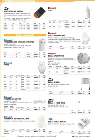 698 Présent dans le Pack ConfianceConsultez vos prix nets et vos stocks sur tereva-direct.fr*
*ouverture de compte obligatoire
APPAREILLAGE ÉCLAIRAGE
ALIMENTATION POUR LAMPE HID­
Platine électronique pour lampes à décharge, serie ESM :
- pour montage indépendant ou encastrement, en classe
I ou II
- pour lampes à vapeurs de sodium haute pression (S) et
iodures métalliques (M), 220÷240V~ 50÷60Hz
Type P (W)
Dim. (H x l x P
mm) Réf Code CR € HT
ESM35 38 40 x 88 x 132 S53551 1253569 E54 55,10
ESM70 73 40 x 88 x 132 S53556 1253570 E54 59,10
ESM150 147 36 x 88 x 180 S53568 1253571 E54 156,91
DOUILLE LUMINAIRE
DOUILLE DE CHANTIER - CONNEXION AUTOMATIQUE­
Douille de chantier B22
Connexion automatique serre câble et coiffe encliquetable
Puissance maxi de l’ampoule : 100W 230V
Douille Tension (V) Réf Code CR € HT
E27 230 045239 1218564 E62 1,81
B22 230 045238 432378E E62 1,91
DOUILLE­
Type Douille Tension (V) Modèle Réf Code CR € HT
Nylon B22 230 Simple
bague
046109 011888O E62 2,07
Nylon B22 230 Double
bague
046119 011889Z E62 2,17
Acier
laitonné
B22 230 Double
bague
043311 016540S E62 4,00
Laiton E27 230 Avec
colerette
047121 016529B E62 4,25
DOUILLE DCL E27 AVEC FICHE­
Douille DCL E27 et fiche DCL
Fiche 2P+T détachable pour le raccordement ultérieur d’un
luminaire de Classe I ou II
Intensité
(en A)
Nombre
de pôles Tension (V) P (W) Réf Code CR € HT
2 2P + T 230 75 45231 1109207 E97 3,99
DOUILLE NYLON TESTEUR D’INSTALLATION­
Douille testeur d’installation démontable à connexion automatique.
Type Douille Tension (V) Réf Code CR € HT
Connexion
automatique
B22 230 045218 469673V E62 0,82
DOUILLE­
Type Douille Tension (V) Modèle Réf Code CR € HT
Nylon E27 230 Connexion
automatique
060131 485030A E50 2,16
Nylon B22 230 Connexion
automatique
060002 424392M E50 3,23
DOUILLE DCL COMPACTE E27­
Parfaitement adaptée aux lampes à économie d’énergie.
Permet de réaliser l’éclairage provisoire et le test du point lumineux.
Livrée avec une fiche réf. 0 601 34 détachable et repositionnable pour
connecter un luminaire.
Coloris Type Réf Code CR € HT
Blanc Douille E27 060135 1107110 E50 4,86
DOUILLE PATÈRE ÉTANCHE­
Sur boîte ronde Ø70 mm, avec 4 embouts à entrées
directes pour montage droit ou incliné selon orientation du
couvercle.
Connexion sur borne à vis.
IP 20 Classe II Grise.
Douille Tension (V) Modèle Réf Code CR € HT
E27 230 Connexion sur
borne à vis
060152 022544W E50 13,60
B22 230 Connexion sur
borne à vis
060052 022542A E50 14,70
DOUILLE GU10/GZ10­
Pour lampe GU10/GZ10, contacts de cuivre.
Corps en céramique.
Douille L (cm) Réf Code CR € HT
GU10/GZ10 14 904-Z 1200154 E51 0,66
DOUILLE G4 - GX5,3 - GY6,35­
Pour lampe G4 - GX5,3 - GY6,35
Corps en céramique - Contacts en cuivre
Réf Code CR € HT
5023/25/T 1242330 E51 0,77
DOUILLE E27 ECO + FICHE DCL.­
Douille DCL E27 + fiche détachable, pour cloison sèche.
l (mm) L (mm) Réf Code CR € HT
75 75 P11127 1165100 E63 180,33
Tereva_04_Electricite_04_Eclairage.indd 698 14/02/2017 16:48
 