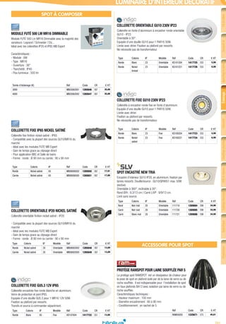 701
FiletcâbleConduitet
cheminement
Appareillagedubâtiment
etpetittertiaire
ÉclairageSécurité
etcommunication
Chauffageélectrique
etventilation
VDIetréseau
informatique
Outillageélectrique
etmesureportable
Spécifique
industriel
Production
d’énergie
LUMINAIRE D’INTÉRIEUR DÉCORATIF
SPOT À COMPOSER
MODULE FUTÉ 500 LM MR16 DIMMABLE­
Module FUTÉ 500 Lm MR16 Dimmable avec la majorité des
variateurs Legrand / Schneider / Etc...
Idéal avec les colerettes IP20 et IP65 MB Expert
Caractéristiques :
- Module : 6W
- Type : MR16
- Ouverture : 38°
- ?tanchéité : IP40
- Flux lumineux : 500 lm
Teinte d’éclairage (K) Réf Code CR € HT
3000 MB03062001 1265646 E67 35,89
4000 MB03062002 1265647 E67 35,89
COLLERETTE FIXE IP65 NICKEL SATINÉ­
Collerette fixe finition nickel satiné - IP65
- Compatible avec la plupart des sources GU10/MR16 du
marché
- Idéal avec les modules FUTE MB Expert
- Gain de temps grace au clipsage direct
- Pour application BBC et Salle de bains
- Forme : ronde : Ø 90 mm ou carrée : 90 x 90 mm
Type Coloris IP Réf Code CR € HT
Ronde Nickel satiné 65 MB08006502 1265650 E67 17,91
Carrée Nickel satiné 65 MB08006505 1265651 E67 17,89
COLLERETTE ORIENTABLE IP20 NICKEL SATINÉ­
Collerette orientable finition nickel satiné - IP20
- Compatible avec la plupart des sources GU10/MR16 du
marché
- Idéal avec les modules FUTE MB Expert
- Gain de temps grace au clipsage direct
- Forme : ronde : Ø 90 mm ou carrée : 90 x 90 mm
Type Coloris IP Modèle Réf Code CR € HT
Ronde Nickel satiné 20 Orientable MB08002002 1265648 E67 13,89
Carrée Nickel satiné 20 Orientable MB08002005 1265649 E67 13,89
COLLERETTE FIXE GU5.3 12V IP65­
Collerette encastrée fixe ronde blanche en aluminium.
Verre de protection et joint IP65.
Equipée d’une douille GU5.3 pour 1 MR16 12V 50W.
Fixation au plafond par ressorts.
Transfo et source à commander séparément.
Type Coloris IP Modèle Réf Code CR € HT
Ronde Blanc 65 Fixe HD107004 1417722 E51 13,00
COLLERETTE ORIENTABLE GU10 230V IP23­
Collerette en fonte d’aluminium à encastrer ronde orientable
GU10 - IP23
Orientable à 30°.
Equipée d’une douille GU10 pour 1 PAR16 50W.
Livrée avec étrier. Fixation au plafond par ressorts.
Ne nécessite pas de transformateur.
Type Coloris IP Modèle Réf Code CR € HT
Ronde Blanc 23 Orientable KS101204 1417725 E53 5,99
Ronde Nickel
brossé
23 Orientable KS101221 1417726 E53 8,99
COLLERETTE FIXE GU10 230V IP23­
Collerette à encastrer ronde fixe en fonte d’aluminium.
Equipée d’une douille GU10 pour 1 PAR16 50W.
Livrée avec étrier.
Fixation au plafond par ressorts.
Ne nécessite pas de transformateur.
Type Coloris IP Modèle Réf Code CR € HT
Ronde Blanc 23 Fixe KS100204 1417723 E53 4,99
Ronde Nickel
satiné
23 Fixe KS100221 1417724 E53 6,99
SPOT ENCASTRÉ NEW TRIA­
Encastré d’intérieur GU10 IP20, en aluminium, fixation par
lames ressorts. Douille/source : GU10/QPAR51 max. 50W
(exclue).
Orientable à 360°, inclinable à 30°.
Rond Ø/H : 9,3/13 cm / Carré L/l/P : 9/9/13 cm.
Livré sans source.
Type Coloris IP Modèle Réf Code CR € HT
Rond Noir mat 20 Orientable 111710 1269084 E99 34,90
Carré Noir mat 20 Orientable 111720 1269085 E99 34,90
Carré Blanc mat 20 Orientable 111721 1269086 E99 34,90
ACCESSOIRE POUR SPOT
PROTÈGE RAMSPOT POUR LAINE SOUFFLÉE PAR 5­
Le protège spot RAMSPOT est un dissipateur de chaleur pour
la pose de spot en plafond isolé par de la laine de verre ou de
roche soufflée. Il est indispensable pour l’installation de spot
en faux plafonds BA13 avec isolation par laine de verre ou de
roche soufflée.
Caractéristiques techniques :
- Hauteur maximum : 100 mm
- Diamètre encastrement : 60 à 90 mm
- Conditionnement : en sachet de 5
Réf Code CR € HT
RAM59205 1225671 E75 45,61
Tereva_04_Electricite_04_Eclairage.indd 701 14/02/2017 16:48
 