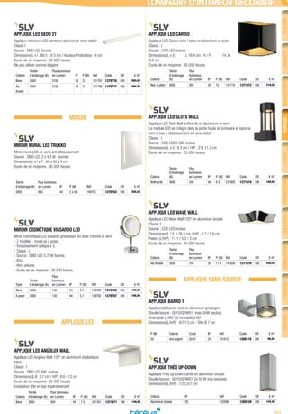 703
FiletcâbleConduitet
cheminement
Appareillagedubâtiment
etpetittertiaire
ÉclairageSécurité
etcommunication
Chauffageélectrique
etventilation
VDIetréseau
informatique
Outillageélectrique
etmesureportable
Spécifique
industriel
Production
d’énergie
LUMINAIRE D’INTÉRIEUR DÉCORATIF
APPLIQUE LED SEDO 21­
Applique intérieure LED carrée en alumium et verre satiné
Classe I
Source : SMD LED fournie
Dimensions L x l : 89.5 x 8.5 cm / Hauteur/Profondeur : 4 cm
Durée de vie moyenne : 30 000 heures
Ne pas utiliser comme étagère
Coloris
Teinte
d’éclairage (K)
Flux lumineux
en Lumen IP P (W) Réf Code CR € HT
Blanc 3000 2100 20 33 151791 1379776 E99 260,00
Alu
brossé
3000 2100 20 33 151796 1379777 E99 260,00
MIROIR
MIROIR MURAL LED TRUKKO­
Miroir mural LED en verre anti-éblouissement
Source : SMD LED 2 x 4.3 W fournies
Dimensions L x l x P : 60 x 80 x 4 cm
Durée de vie moyenne : 30 000 heures
Teinte
d’éclairage (K)
Flux lumineux
en Lumen IP P (W) Réf Code CR € HT
3000 650 44 2 x 4.3 149752 1379703 E99 300,00
MIROIR COSMÉTIQUE VISSARDO LED­
Miroir cosmétique LED Vissardo grossissant en acier chromé et verre
- 2 modèles : mural ou à poser,
- Grossissement optique x 3,
- Classe : I,
- Source : SMD LED 5.71W fournie,
- IP44,
- Hors volume,
- Durée de vie moyenne : 30 000 heures.
Type
Teinte
d’éclairage (K)
Flux
lumineux
en Lumen IP P (W) Réf Code CR € HT
Mural 3000 130 44 5.7 149782 1379706 E99 199,90
A poser 3000 130 44 5.7 149792 1379707 E99 199,90
APPLIQUE LED
APPLIQUE LED ANGOLUX WALL­
Applique LED Angolux Wall 120° en aluminium et plastique
blanc
Classe : I
Source : SMD LED 6W incluse
Dimensions (L/l) : 17 cm / H/P : 8.6 / 13 cm
Durée de vie moyenne : 25 000 heures
Installation tête en bas impérativement
Coloris
Teinte
d’éclairage (K)
Flux lumineux
en Lumen IP P (W) Réf Code CR € HT
Blanc 3000 500 44 7.5 231351 1371671 E99 149,90
APPLIQUE LED CARISO­
Applique LED Cariso noire / laiton en aluminium et acier
Classe : I
Source : COB LED incluse
Dimensions (L x l) : 	 L 16.4 cm / H / P :	 14.7x
9.6 cm
Durée de vie moyenne : 30 000 heures
Coloris
Teinte
d’éclairage
(K)
Flux
lumineux
en Lumen IP P (W) Réf Code CR € HT
Noir / Laiton 3000 200 20 15 151710 1371672 E99 210,00
APPLIQUE LED SLOTS WALL­
Applique LED Slots Wall anthracite en aluminium et verre
Le module LED est intégré dans la partie haute du luminaire et rayonne
vers le bas. L´éblouissement est ainsi réduit.
Classe : I
Source : COB LED 6.3W incluse
Dimensions (L x l) : 9.3 cm / H/P : 21x 11.3 cm
Durée de vie moyenne : 25 000 heures
Coloris
Teinte
d’éclairage
(K)
Flux
lumineux
en Lumen IP P (W) Réf Code CR € HT
Anthracite 3000 340 44 6.3 231805 1371674 E99 169,90
APPLIQUE LED WAVE WALL­
Applique LED Wave Wall 120° en aluminium brossé
Classe :I
Source : COB LED incluse
Dimensions (L / l) : L26.4 cm / H/P : 6.7 / 7.8 cm
Patère (L/H/P) : 17.1 / 5.2 / 3 cm
Durée de vie moyenne : 40 000 heures
Coloris
Teinte
d’éclairage
(K)
Flux
lumineux
en Lumen IP P (W) Réf Code CR € HT
Alu brossé 3000 700 20 11.4 147826 1371670 E99 250,00
APPLIQUE SANS SOURCE
APPLIQUE BARRO 1­
Applique/plafonnier rond en aluminium gris argent
Douille/source : GU10/QPAR51, max. 50W (exclue)
Orientable à 340° et inclinable à 90°
Dimensions (L/H/P) : 8/7/13 cm - Tête Ø 7 cm
P (W) Coloris Culot IP Réf Code CR € HT
50 Gris argent GU10 20 151912 1269119 E99 99,90
APPLIQUE THÉO UP-DOWN­
Applique Théo Up-Down carrée en aluminium brossé
Douille/source : GU10/QPAR51 2x 50 W max (exclues)
Dimensions (L/H/P) : 7/22,5/7 cm
Coloris IP Réf Code CR € HT
Aluminium brossé 20 152089 1269120 E99 144,90
Tereva_04_Electricite_04_Eclairage.indd 703 14/02/2017 16:48
 