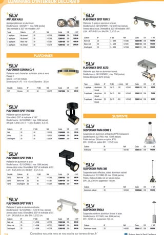 704 Présent dans le Pack ConfianceConsultez vos prix nets et vos stocks sur tereva-direct.fr*
*ouverture de compte obligatoire
LUMINAIRE D’INTÉRIEUR DÉCORATIF
APPLIQUE KALU­
Applique/plafonnier en aluminium
Douille/source : G53/QR111 max. 50W (exclue)
Tête orientable à 350° et inclinable à 90°
Type Coloris IP Réf Code CR € HT
1 applique Alu brossé 20 147256 1269099 E99 119,90
2 appliques Alu brossé 20 147266 1269101 E99 199,90
2 appliques Blanc mat 20 147261 1269100 E99 189,90
3 appliques Alu brossé 20 147276 1269102 E99 290,00
PLAFONNIER
PLAFONNIER CORONA CL-1­
Plafonnier rond chromé en aluminium, acier et verre
Classe : I
Source : E27 non incluse
Dimensions (H x P) : 10 x 10 cm / Diamètre : 30 cm
Douille Coloris IP P (W) Réf Code CR € HT
E27 Chrome 21 60 155272 1267896 E99 99,90
PLAFONNIER SPOT 79 230V­
Plafonnier spot en aluminium
Orientable à 250° et inclinable à 180°.
Douille/source : GU10/QPAR51, max. 50W (exclue).
Ø/l spot : 5,6/9,5 cm, H : 15 cm, Ø patère : 8,5 cm.
Coloris IP P (W) Réf Code CR € HT
Noir 20 50 132020 1269089 E99 39,90
Blanc 20 50 132021 1269090 E99 39,90
Gris/Argent 20 50 132024 1269091 E99 39,90
PLAFONNIER SPOT PURI 1­
Plafonnier en aluminium et acier.
Douille/source : GU10/QPAR51, max. 50W (exclue).
Anneau déco inclus. Orientable à 350° et inclinable à 85°.
L/l/H : 8,6/5,6/8,6 cm, tête Ø/H : 3,5/3,5 cm.
Douille Coloris IP P (W) Réf Code CR € HT
GU10 Noir mat 20 50 147360 1269103 E99 49,90
GU10 Blanc mat 20 50 147361 1269104 E99 49,90
GU10 Gris/Argent 20 50 147364 1269105 E99 49,90
PLAFONNIER SPOT PURI 2­
Plafonnier 2 spots en aluminium et acier.
Douille/source : GU10/QPAR51, 2x 50 W max. (exclue).
Anneau déco inclus. Orientable à 350° et inclinable à 85°.
L/l/H : 24/5,6/8,6 cm, tête Ø/H : 3,5/3,5 cm.
Coloris IP P (W) Réf Code CR € HT
Noir mat 20 2 x 50W 147370 1269106 E99 84,90
Blanc mat 20 2 x 50W 147371 1269107 E99 84,90
Gris/Argent 20 2 x 50W 147374 1269108 E99 84,90
PLAFONNIER SPOT PURI 3­
Plafonnier 3 spots en aluminium et acier.
Douille/source : GU10/QPAR51, 3 x 50 W max (exclue).
Anneau déco inclus. Orientable à 350° et inclinable à 85°.
L/l/H : 40/5,6/8,6 cm, tête Ø/H : 3,5/3,5 cm.
Coloris IP P (W) Réf Code CR € HT
Noir mat 20 3 x 50W 147380 1269109 E99 109,90
Blanc mat 20 3 x 50W 147381 1269110 E99 109,90
Gris/Argent 20 3 x 50W 147384 1269111 E99 109,90
PLAFONNIER SPOT ASTO­
Plafonnier spot Asto en aluminium brossé.
Douille/source : GU10/QPAR51, max. 75W (exclue).
Anneau déco pour GU10 (inclus).
Type Coloris IP P (W) L (mm) Réf Code CR € HT
1 applique Aluminium
brossé
20 1 x 75 120 147441 1269112 E99 39,90
2 appliques Aluminium
brossé
20 2 x 75 260 147442 1269113 E99 76,90
3 appliques Aluminium
brossé
20 3 x 75 455 147443 1269114 E99 96,90
SUSPENTE
SUSPENSION PARA DOME 2­
Suspension en aluminium anthracite et PVC transparent.
Douille/source : E27/A60, max. 150W (exclue).
Patère incluse. Diffuseur en option. IP20.
Ø/H : 33/30 cm, patère Ø/H : 12,5/3,5 cm.
Coloris IP Réf Code CR € HT
Anthracite 20 165100 1269121 E99 149,90
SUSPENSION PARA 380­
Suspension avec réflecteur, coloris aluminium naturel.
Douille/source : E27/HME-SB max. 250W (exclue).
Patère, chaîne et câble noir en silicone inclus.
Ø/H : 38,5/39 cm, suspension 150 cm.
Coloris IP Réf Code CR € HT
Aluminium naturel 20 165358 1200946 E99 139,90
SUSPENSION ENOLA­
Suspension ronde en aluminium brossé et acier.
Douille/source : E27/A60, max. 60W (exclue).
Ø/H : 10/32 cm, suspension 150 cm.
Coloris IP Réf Code CR € HT
Aluminium brossé 20 149385 1269117 E99 109,90
Tereva_04_Electricite_04_Eclairage.indd 704 14/02/2017 16:48
 