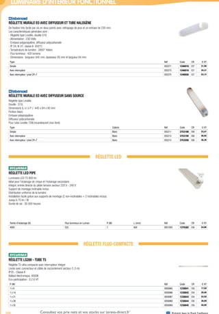 708 Présent dans le Pack ConfianceConsultez vos prix nets et vos stocks sur tereva-direct.fr*
*ouverture de compte obligatoire
LUMINAIRE D’INTÉRIEUR FONCTIONNEL
RÉGLETTE MURALE EO AVEC DIFFUSEUR ET TUBE HALOGÈNE­
De fixation très facile par vis en deux points avec rattrapage de jeux et un entraxe de 230 mm.
Les caractéristiques générales sont :
- Règlette type Linolite, douille S19
- Alimentation : 230 Volts
- Embase polypropylène, diffuseur polycarbonate
- IP 24, IK 07, classe II- 650°C
- Température de lumière : 2800° Kelvin
- Flux lumineux : 420 lumens
- Dimensions : longueur 445 mm, épaisseur 85 mm et largueur 64 mm
Type Réf Code CR € HT
Simple 055271 1246018 E57 31,56
Avec interrupteur 055273 1246019 E57 34,31
Avec interrupteur / prise 2P+T 055275 1246020 E57 53,12
RÉGLETTE MURALE EO AVEC DIFFUSEUR SANS SOURCE­
Réglette type Linolite
Douille : S19,
Dimensions (L x l x P ) : 445 x 64 x 90 mm
Finition blanc
Embase polypropylène
Diffuseur polycarbonate
Pour tube Linolite 75W incandescent (non livré)
Type Coloris Réf Code CR € HT
Simple Blanc 055211 375318K E68 23,47
Avec interrupteur Blanc 055213 375319V E68 26,92
Avec interrupteur / prise 2P+T Blanc 055215 375320G E68 36,39
RÉGLETTE LED
RÉGLETTE LED PIPE­
Luminaire LED T5 800 lm
Idéal pour l’éclairage de crique et l’éclairage secondaire
Intégré, entrée directe du pilote tension secteur 220 V - 240 V
Support de montage inclinable inclus
Distribution uniforme de la lumière
Installation facile grâce aux supports de montage (2 non-inclinables + 2 inclinables inclus)
Jusqu’à 75 lm / W
Durée de vie : 30 000 heures
Teinte d’éclairage (K) Flux lumineux en Lumen P (W) L (mm) Réf Code CR € HT
4000 525 7 600 0051005 1370382 E56 24,00
RÉGLETTE FLUO-COMPACTE
RÈGLETTE LS200 - TUBE T5­
Réglette T5 ultra compacte avec interrupteur intégré
Livrée avec connecteur et câble de raccordement secteur (1,5 m)
IP20 - Classe II
Ballast électronique, 4000K
Eco-participation : 0,2 € HT
P (W) Réf Code CR € HT
1 x 8 0056965 1238841 E56 17,50
1 x 14 0056966 1238842 E54 20,00
1 x 21 0056967 1238843 E54 22,50
1 x 28 0056968 1238844 E56 30,00
1 x 35 0056969 1238845 E56 40,00
Tereva_04_Electricite_04_Eclairage.indd 708 14/02/2017 16:48
 