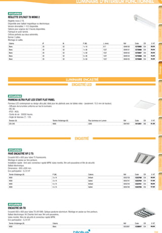 709
FiletcâbleConduitet
cheminement
Appareillagedubâtiment
etpetittertiaire
ÉclairageSécurité
etcommunication
Chauffageélectrique
etventilation
VDIetréseau
informatique
Outillageélectrique
etmesureportable
Spécifique
industriel
Production
d’énergie
LUMINAIRE D’INTÉRIEUR FONCTIONNEL
RÉGLETTE SYLFAST T8 MONO 2­
Réglette mono 2 T8.
Disponible avec ballast magnétique ou électronique.
Version dimmables 1-10 V disponible.
Options pour urgence de 3 heures disponibles.
Fabriqué en acier laminé.
Orifices perforés aux deux extrémités.
Bornier 3 pôles.
Montage en saillie.
Coloris IP IK P (W) L (mm) Réf Code CR € HT
Blanc 20 02 1 x 18 617 0046100 1272665 E54 28,50
Blanc 20 02 1 x 36 1227 0046101 1272666 E54 28,50
Blanc 20 02 1 x 58 1527 0046102 1272667 E54 28,50
Blanc 20 02 2 x 36 1227 0046104 1272668 E56 35,00
Blanc 20 02 2 x 58 1527 0046105 1272669 E54 35,00
LUMINAIRE ENCASTRÉ
ENCASTRÉ LED
PANNEAU ULTRA PLAT LED START FLAT PANEL­
Panneau LED contemporain au design ultra plat, idéal pour les plafonds avec de faibles vides - (seulement. 10.5 mm de hauteur).
- Diffusion de la lumière uniforme sur tout le luminaire.
- IRC 80.
- IP20 - IK05.
- Durée de vie : 30000 heures.
- Angle de faisceau (°) : 120.
Tension (V) Teinte d’éclairage (K) Flux lumineux en Lumen Réf Code CR € HT
220-240 4000 3200 0047401 1413451 E60 81,00
ENCASTRÉ
PAVÉ ENCASTRÉ IVY 2 T5­
Encastré 600 x 600 pour tubes T5 fluorescents.
Montage en assise sur fers porteurs.
Installation rapide : livré avec connecteur rapide MPM, tubes montés, film anti-poussières et filin de sécurité.
Ballast électronique.
Dimensions : 600 x 600 mm.
Eco-participation : 0,2 € HT
Teinte d’éclairage (K) P (W) Coloris Réf Code CR € HT
4000 3 x 14 Brillant 0055739 1222760 E54 60,00
4000 3 x 14 Satiné 0055747 1222764 E54 57,00
4000 4 x 14 Brillant 0055744 1222761 E54 60,00
4000 4 x 14 Satiné 0055748 1222765 E54 57,00
ENCASTRÉ SR-T8­
Encastré 600 x 600 pour tubes T8 (4X18W). Optique paralume aluminium. Montage en assise sur fers porteurs.
Ballast électronique. Kit Chantier livré avec film anti-poussières,
tubes montés, filins de sécurité et connecteur rapide MPM.
Eco-participation : 0,2 € HT
Teinte d’éclairage (K) Coloris Réf Code CR € HT
4000 Blanc 0053097 1238847 E54 69,00
Tereva_04_Electricite_04_Eclairage.indd 709 14/02/2017 16:48
 