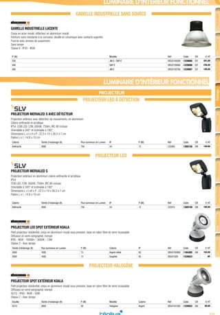 713
FiletcâbleConduitet
cheminement
Appareillagedubâtiment
etpetittertiaire
ÉclairageSécurité
etcommunication
Chauffageélectrique
etventilation
VDIetréseau
informatique
Outillageélectrique
etmesureportable
Spécifique
industriel
Production
d’énergie
LUMINAIRE D’INTÉRIEUR FONCTIONNEL
GAMELLE INDUSTRIELLE SANS SOURCE
GAMELLE INDUSTRIELLE LUCENTE­
Corps en acier moulé, réflecteur en aluminium moulé
Peinture noire résistante à la corrosion, douille en céramique avec contacts argentés
Fournie avec anneau de suspension
Sans lampe
Classe II - IP20 - IK08
P (W) Modèle Réf Code CR € HT
250 JM-E / SAP-E DIS32105500 1239895 E57 201,00
400 SAP-E DIS32105600 1239896 E57 236,00
400 JM-E DIS32105700 1239897 E57 188,00
PROJECTEUR
PROJECTEUR LED À DÉTECTION
PROJECTEUR MERVALED S AVEC DÉTECTEUR­
Projecteur extérieur avec détecteur de mouvements, en aluminium
Coloris anthracite et acrylique
IP54. COB LED 12W, 3000K, 750lm, IRC 80 incluse
Orientable à 340° et inclinable à 180°
Dimensions L x l x H x P : 22,5 x 10 x 26,5 x 7 cm
Patère L x l : 14,8 x 10 cm
Coloris Teinte d’éclairage (K) Flux lumineux en Lumen IP P (W) Réf Code CR € HT
Anthracite 3000 750 54 12 232405 1269158 E99 199,90
PROJECTEUR LED
PROJECTEUR MERVALED S­
Projecteur extérieur en aluminium coloris anthracite et acrylique
IP54
COB LED 12W, 3000K, 750lm, IRC 80 incluse
Orientable à 340° et inclinable à 180°
Dimensions L x l xH x P : 22,5 x 10 x 26,5 x 7 cm
Patère L x l : 14,8 x 10 cm
Coloris Teinte d’éclairage (K) Flux lumineux en Lumen IP P (W) Réf Code CR € HT
Anthracite 3000 750 54 12 232415 1269159 E99 169,90
PROJECTEUR LED SPOT EXTÉRIEUR KOALA­
Petit projecteur résidentiel, corps en aluminium moulé sous pression, base en nylon fibre de verre incassable
Diffuseur en verre sérigraphié, trempé
IP65 - IK08 - 1600lm - 3000K - 13W
Classe 2 - Avec lampe
Teinte d’éclairage (K) Flux lumineux en Lumen P (W) Coloris IP Réf Code CR € HT
3000 1600 13 Argent métal 65 DIS43182800 1184265 E60 163,00
3000 1600 13 Graphite 65 DIS431829 1239923 NC
PROJECTEUR HALOGÈNE
PROJECTEUR SPOT EXTÉRIEUR KOALA­
Petit projecteur résidentiel, corps en aluminium moulé sous pression, base en nylon fibre de verre incassable
Diffuseur en verre sérigraphié, trempé
GU10 - IP65 - IK08 - 50W
Classe 2 - Avec lampe
Douille Teinte d’éclairage (K) P (W) Modèle Coloris Réf Code CR € HT
GU10 2900 50 Halogène Argent DIS43181500 1239922 E60 68,00
LUMINAIRE D’INTÉRIEUR FONCTIONNEL
Tereva_04_Electricite_04_Eclairage.indd 713 14/02/2017 16:48
 