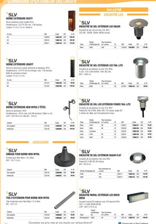 716 Présent dans le Pack ConfianceConsultez vos prix nets et vos stocks sur tereva-direct.fr*
*ouverture de compte obligatoire
LUMINAIRE D’EXTÉRIEUR DÉCORATIF
BORNE EXTÉRIEURE RUSTY­
Borne extérieure fonte rouillée IP44.
Douille/source : E27/TC SE max. 11W (exclue).
Largeur 12 cm x 12 cm. Classe II.
H (cm) Réf Code CR € HT
40 229420 1269145 E99 290,00
50 229410 1269143 E99 290,00
80 229411 1269144 E99 375,00
BORNE EXTÉRIEURE GRAFIT­
Borne en aluminium coloris anthracite et plastique. IP44.
Douille/source : E27/TC SE éco énergie, max. 11W (exclue).
Boîte de connexion incluse.
Largeur 12 cm x 12 cm.
H (cm) Réf Code CR € HT
30 231215 1269195 E99 99,90
60 231225 1269196 E99 109,90
BORNE EXTÉRIEURE NEW MYRA 2 TÊTES­
Borne en aluminium. IP44.
Douille/source : GU10, max. 2x4,5W (exclues). Câble nu 3m.
L/l/H : 25/7/30,5 cm, tête Ø/L : 7/8 cm.
Coloris Réf Code CR € HT
Gris argenté 233184 1269204 E99 169,90
Anthracite 233185 1269205 E99 169,90
ACCESSOIRE
EMBASE POUR BORNE NEW MYRA­
Embase pour New Myra 1 & 2 têtes.
Ø/H : 15/11,5 cm.
Coloris Réf Code CR € HT
Gris argenté 233144 1269200 E99 39,90
Anthracite 233145 1269201 E99 39,90
TIGE D’EXTENSION POUR BORNE NEW MYRA­
Tige d’extension pour New Myra 1 & 2 têtes.
Ø/L : 3/31 cm.
Coloris Réf Code CR € HT
Gris argenté 233164 1269202 E99 39,90
Anthracite 233165 1269203 E99 39,90
ENCASTRÉ
ENCASTRÉ LED
ENCASTRÉ DE SOL EXTÉRIEUR LED DASAR­
Encastré de sol, rond en Inox 316, IP67.
LED 5W , 3000K, 300lm, IRC80 incluse.
Type
Teinte
d’éclairage (K)
Flux lumineux
en Lumen IP Réf Code CR € HT
Rond 3000 300 67 233520 1267907 E99 179,90
ENCASTRÉ DE SOL EXTÉRIEUR LED TAIL-LITE­
Encastré de sol extérieur en inox 316, IP65.
4 LED, 12V, 0,3W, 6500K, 10lm, IRC>80.
Ø/H : 3,6/6 cm.
Type
Teinte
d’éclairage (K)
Flux lumineux
en Lumen IP Réf Code CR € HT
Rond 6500 10 65 227461 1269124 E99 69,90
ENCASTRÉ DE SOL LED EXTÉRIEUR POWER TAIL-LITE­
Encastré de sol extérieur en inox 316, IP67.
PowerLED 1W 5700K, 90lm, IRC>70 incluse, angle 60°.
2 mètres de câble, pot d’encastrement inclus.
Type
Teinte
d’éclairage (K)
Flux lumineux
en Lumen IP Réf Code CR € HT
Rond 5700 90 67 228331 1269127 E99 79,90
Rond 3000 80 67 228332 1269128 E99 79,90
Rond Led bleue - 67 228337 1269129 E99 79,90
Carré 5700 90 67 228341 1269130 E99 79,90
Carré 3000 80 67 228342 1269131 E99 79,90
ENCASTRÉ DE SOL EXTÉRIEUR DASAR FLAT­
Encastré de sol extérieur LED rond, IP67.
PowerLED 4,3W, IRC 80 incluse.
Ø/H : 8/5,8 cm.
Teinte d’éclairage (K)
Flux lumineux en
Lumen Réf Code CR € HT
5700 150 228411 1269132 E99 144,90
3000 160 228412 1269133 E99 144,90
ENCASTRÉ MURAL EXTÉRIEUR LED BRICK
MESH­
Encastré mural LED extérieur inox 316 étanche IP54
LED 1 x 2.6W 3000K IRC80
L/l/P : 26/7,7/10.4 cm
Type
Teinte
d’éclairage
(K)
Flux lumineux
en Lumen IP Réf Code CR € HT
Rectangulaire 3000 56 54 229110 1380772 E99 199,90
Tereva_04_Electricite_04_Eclairage.indd 716 14/02/2017 16:48
 