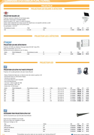 718 Présent dans le Pack ConfianceConsultez vos prix nets et vos stocks sur tereva-direct.fr*
*ouverture de compte obligatoire
LUMINAIRE D’EXTÉRIEUR FONCTIONNEL
PROJECTEUR
PROJECTEUR LED SOLAIRE À DÉTECTION
PROJECTEUR SOLAIRE LED­
Projecteur autonome à détecteur IR Led énergie solaire.
Interrupteur crépusculaire à sensibilité réglable.
Secteur de capture 130°, jusqu’à 10 mètres de distance.
Capteur solaire indépendant de la lampe pouvant être déporté pour une exposition optimale au soleil.
Grande surface d’éclairage grâce à 80 Led très claires.
Eco-participation : 0,05 € HT
Flux lumineux en Lumen P (W) Coloris Réf Code CR € HT
350 8 x 0,5 W Gris 1170840 1214159 E58 105,89
PROJECTEUR LED À DÉTECTION
PROJECTEUR LED AVEC DÉTECTEUR IR­
Projecteur LED 60W avec détecteur infrarouge évolué 220-360°, blanc IP55.
Plage de temporisation: 5s à 15 min.
Diamètre de la zone de détection au sol: 24 mètres.
Coloris Teinte d’éclairage (K) Flux lumineux en Lumen IP P (W) Réf Code CR € HT
Blanc 5700 3400 55 60 EE600 1244696 E60 307,94
PROJECTEUR LED
PROJECTEUR LED ULTRA-PLAT HAUTE EFFICACITÉ­
Projecteur LED nouvelle génération ultra-plat à haute efficacité
- Niveau d’éclairement élevé avec un indice de rendu des couleurs supérieur à 80
- Branchement direct en 230V (transfo intégré)
- Structure en aluminium
- Vis et presse étoupe en acier inoxydable
- Verre anti-éblouissement
- Livré avec 1 mètre de câble H07 RNF
- Indice de protection : IP66 - IK07
- Durée de vie : 50 000 heures
Coloris Teinte d’éclairage (K) Flux lumineux en Lumen IP P (W) Dim. (L x H x P mm) Réf Code CR € HT
Blanc 4000 1200 66 12 135 x 175 x 42 PL10126602 1265790 E67 59,89
Noir 4000 1200 66 12 135 x 175 x 42 PL10126601 1265789 E67 59,89
Blanc 4000 2160 66 24 170 x 220 x 45 PL10246602 1265792 E67 113,59
Noir 4000 2160 66 24 170 x 220 x 45 PL10246601 1265791 E67 113,59
Noir 4000 4200 66 48 225 x 290 x 55 PL10486601 1312651 E67 219,70
Noir 4000 6150 66 72 250 x 330 x 75 PL10726601 1312652 E67 319,55
Noir 4000 10650 66 120 340 x 400 x 90 PL101206601 1314833 E67 537,81
ACCESSOIRE POUR PROJECTEUR ULTRA-PLAT­
Gamme d’accessoires pour spot ultra-plats haute efficacité.
Piquet noir pour installation en sol meuble
Bras noir ou blanc pour installation en façade
Rotule pour montage sur mât
Type Coloris Réf Code CR € HT
Piquet de jardin noir PL08000003 1312653 E67 19,91
Rotule pour mât D60 mm Noir PL08000006 1314814 E67 87,78
Support mural Blanc PL08000005 1312655 E67 65,76
Support mural Noir PL08000004 1312654 E67 65,76
Tereva_04_Electricite_04_Eclairage.indd 718 14/02/2017 16:49
 