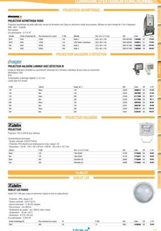 719
FiletcâbleConduitet
cheminement
Appareillagedubâtiment
etpetittertiaire
ÉclairageSécurité
etcommunication
Chauffageélectrique
etventilation
VDIetréseau
informatique
Outillageélectrique
etmesureportable
Spécifique
industriel
Production
d’énergie
LUMINAIRE D’EXTÉRIEUR FONCTIONNEL
PROJECTEUR ASYMÉTRIQUE
PROJECTEUR ASYMÉTRIQUE RODIO­
Projecteur asymétrique de petite taille avec verrous de fermeture inox Corps en aluminium moulé sous pression, diffuseur en verre trempé de 5 mm d’épaisseur
IP66 - IK07 - Graphite
Avec lampes
Eco-participation : 0,15 € HT
Douille Teinte d’éclairage (K) Flux lumineux en Lumen P (W) Modèle Dim. (H x l x P mm) Réf Code CR € HT
RX7S 4200 12500 150 Rodio 2 502 x 301 x 156 DIS41461000 1184262 E57 178,00
RX7S 4200 12500 150 1802 Rodio 2 symétrique 502 x 303 x 156 DIS41462000 1239912 E57 178,00
E40 4500 20500 250 Rodio 3 522 x 461 x 145 DIS41471800 1184263 E99 224,00
E40 4500 35000 400 Rodio 3 522 x 461 x 145 DIS41471900 1184264 E59 248,00
PROJECTEUR HALOGÈNE À DÉTECTION
PROJECTEUR HALOGÈNE LUMIMAT AVEC DÉTECTEUR IR­
Equipé de détecteurs sensibles au rayonnement infrarouge lié à l’émission calorifique de tout corps en mouvement
Alimentation 230V
IP55
Temporisation d’allumage réglable 5 s à 5 min
Lampe type R7S incluse
P (W) Coloris Angle (en °) Réf Code CR € HT
120 Blanc 140 52038 105801Z E63 67,06
120 Noir 140 52035 105798S E63 67,06
120 blanc 200 52546 411739H E63 90,11
120 Noir 200 52545 411740S E63 90,11
400 Blanc 140 52032 180752A E63 80,98
400 Noir 140 52031 180379F E63 80,98
400 Blanc 200 52542 373817J E63 108,25
400 Noir 200 52541 373816Y E63 108,25
PROJECTEUR HALOGÈNE
PROJECTEUR­
Projecteur 120 ou 400 W pour extérieur.
Caractéristiques techniques :
- Tension nominale: 230?V?/?50?Hz
- Protection: IP54 étanche aux éclaboussures d’eau, classe I, CE
- Dimensions : 120 W : 136 x 192 x 92?mm / 400 W : 205 x 60 x 120 ?mm
Coloris P (W) Dim. (L x H x P mm) Réf Code CR € HT
Blanc 120 136x192x92 8120P 1774848 E65 20,00
Noir 120 136x192x92 8110P 1774847 E65 20,00
Blanc 400 205x260x120 8060P 1774846 E65 26,00
Noir 400 205x260x120 8050P 1774845 E65 26,00
HUBLOT
HUBLOT LED
HUBLOT LED RONDO­
Hublot LED 13W avec coque en aluminium injecté et verre en polycarbonat :
- Protection : IP65, classe I, CE,
- Tension nominale : 230 V/ 50 Hz,
- Source lumineuse : 13 W LED integrée,
- Flux lumineux : env. 900 lm,
- Température de couleur : env. 3000 K, blanc chaud,
- Temperature : -20 bis +45°C,
- Dimensions : Ø 210 x 80 mm.
Eco-participation : 0,06 € HT
Teinte d’éclairage (K) Flux lumineux en Lumen IP P (W) Réf Code CR € HT
3000 900 65 13 8961 1439546 E62 70,00
Tereva_04_Electricite_04_Eclairage.indd 719 14/02/2017 16:49
 