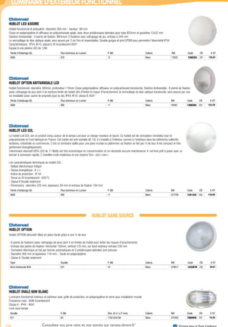 720 Présent dans le Pack ConfianceConsultez vos prix nets et vos stocks sur tereva-direct.fr*
*ouverture de compte obligatoire
LUMINAIRE D’EXTÉRIEUR FONCTIONNEL
HUBLOT LED AXIOME­
Hublot fonctionnel et polyvalent -diamètre 260 mm - hauteur 98 mm
Corps en polypropylène et diffuseur en polycarbonate opale, avec deux prédécoupes latérales pour tube Ø20mm et goulottes 12x32 mm
Solution Antivandale : 4 points de fixation. Minimum 2 fixations avec rattrapage de jeu, entraxe à 244 mm
Le verrouillage du bloc optique opale, sera assuré par 3 vis Torx et imperdables. Double gorges et joint EPDM pour permettre l’étanchéité IP54
Caractéristiques : IP54, IK10, classe II, fil incandescent 650°
Equipé d une platine LED de 12W
Teinte d’éclairage (K) Flux lumineux en Lumen P (W) Coloris Réf Code CR € HT
4000 870 12 Blanc 73022 1268303 E57 125,01
HUBLOT OPTION ANTIVANDALE LED­
Hublot fonctionnel -diamètre 300mm, profondeur 116mm Corps polypropylène, diffuseur en polycarbonate translucide, Solution Antivandale : 8 points de fixation
(avec rattrapage de jeu) dont 4 en bordure limite de hublot afin d?éviter le risque d?arrachement, le verrouillage du bloc optique translucide, sera assuré par une
vis inviolable (avec cache de propreté pour la vis), IP44, IK10, classe II, 650°.
Teinte d’éclairage (K) Flux lumineux en Lumen P (W) Coloris Réf Code CR € HT
4000 900 11 Blanc 78205 1268304 E57 123,76
HUBLOT LED D2L­
Le hublot Led D2L est un produit conçu autour de la lampe Led pour un design novateur et épuré. Ce hublot est de conception monobloc tout en
polycarbonate et il est fabriqué en France. Cet hublot est anti-vandale (IK 10), il s’installe à l’intérieur comme à l’extérieur dans les bâtiments collectifs,
tertiaires, industriels ou commerces. C’est un luminaire saillie pour une pose murale ou plafonnier, sa fixation se fait par ¼ de tour. Il est compact et très
performant énergétiquement.
Celuminaire ebenoid100% LED de 11 Watts est très économique en consommation et ne nécessite aucune maintenance. Il est livré prêt à poser avec un
bornier à connexion rapide, 2 chevilles multi-matériaux et une visserie Torx. <br/><br/>
Les caractéristiques techniques du hublot D2L :
- Ballast électronique intégré
- Classe énergétique : A ++
- Indice de protection : IP 44
- Tenue au fil incandescent : 650°C
- Classe II Double isolement
- Dimensions : diamètre 225 mm, épaisseur 58 mm et entraxe de fixation 184 mm
Teinte d’éclairage (K) Flux lumineux en Lumen P (W) Coloris Réf Code CR € HT
4000 800 11 Blanc 077700 1241334 E52 132,02
HUBLOT SANS SOURCE
HUBLOT OPTION­
Hublot OPTION décoratif. Mise en place facile grâce à son ¼ de tour
- 8 points de fixations (avec rattrapage de jeux) dont 4 en limites de hublot pour éviter les risques d’arrachements
- Entraxe des points de fixation: Horizontal 150mm, vertical 125 mm, sur bord extérieur entraxe 230 mm
- Connexion électrique se fait par bornes automatiques et 2 prédécoupes latérales sont prévues
- Diamètre 300 mm et épaisseur 118 mm. - Socle en polypropylène
- Classe II. Double isolement
Type Douille P (W) Coloris Réf Code CR € HT
Verre translucide IK04 E27 70 Blanc 078817 183287N E52 39,01
HUBLOT OVALE 60W BLANC­
Luminaire fonctionnel intérieur et extérieur avec grille de protection, en polypropylène et verre pour installation murale
Puissance maxi : 60W incandescent
Classe II - IP44 - IK04
Livré sans lampe
Douille P (W) Dim. (H x l x P mm) Coloris Réf Code CR € HT
E27 60 170x125x108 Blanc 075302 788094K E57 10,38
Tereva_04_Electricite_04_Eclairage.indd 720 14/02/2017 16:49
 