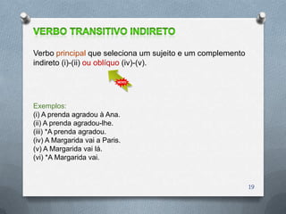 Verbo principal que seleciona um sujeito e um complemento
indireto (i)-(ii) ou oblíquo (iv)-(v).




Exemplos:
(i) A prenda agradou à Ana.
(ii) A prenda agradou-lhe.
(iii) *A prenda agradou.
(iv) A Margarida vai a Paris.
(v) A Margarida vai lá.
(vi) *A Margarida vai.



                                                            19
 