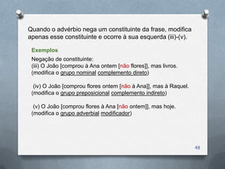 Quando o advérbio nega um constituinte da frase, modifica
apenas esse constituinte e ocorre à sua esquerda (iii)-(v).

 Exemplos
 Negação de constituinte:
 (iii) O João [comprou à Ana ontem [não flores]], mas livros.
 (modifica o grupo nominal complemento direto)

  (iv) O João [comprou flores ontem [não à Ana]], mas à Raquel.
 (modifica o grupo preposicional complemento indireto)

  (v) O João [comprou flores à Ana [não ontem]], mas hoje.
 (modifica o grupo adverbial modificador)




                                                                  48
 