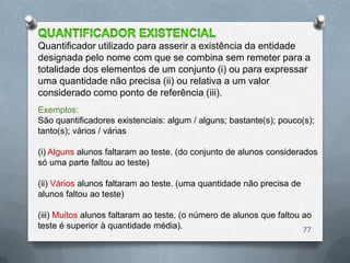 Quantificador utilizado para asserir a existência da entidade
designada pelo nome com que se combina sem remeter para a
totalidade dos elementos de um conjunto (i) ou para expressar
uma quantidade não precisa (ii) ou relativa a um valor
considerado como ponto de referência (iii).
Exemplos:
São quantificadores existenciais: algum / alguns; bastante(s); pouco(s);
tanto(s); vários / várias

(i) Alguns alunos faltaram ao teste. (do conjunto de alunos considerados
só uma parte faltou ao teste)

(ii) Vários alunos faltaram ao teste. (uma quantidade não precisa de
alunos faltou ao teste)

(iii) Muitos alunos faltaram ao teste. (o número de alunos que faltou ao
teste é superior à quantidade média).                                 77
 