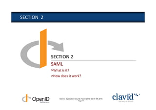 SECTION 2




            SECTION 2
            SAML
            >What is it?
            >How does it work?




                 Geneva Application Security Forum 2010, March 4th 2010
                                        Page 14
 