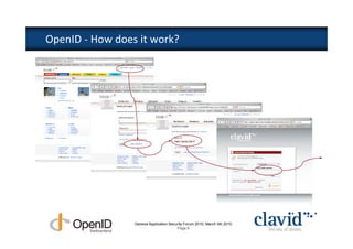 OpenID - How does it work?




                 Geneva Application Security Forum 2010, March 4th 2010
                                        Page 8
 