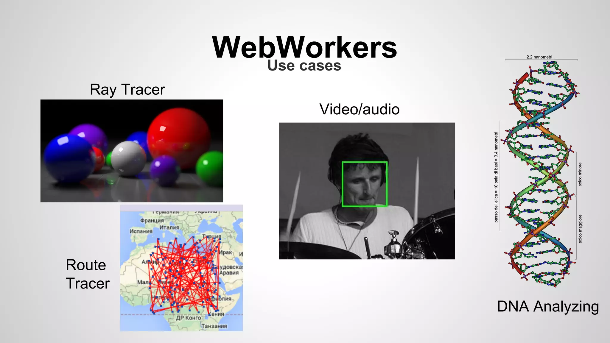 WebWorkersUse cases
Ray Tracer
Video/audio
Route
Tracer
DNA Analyzing
 