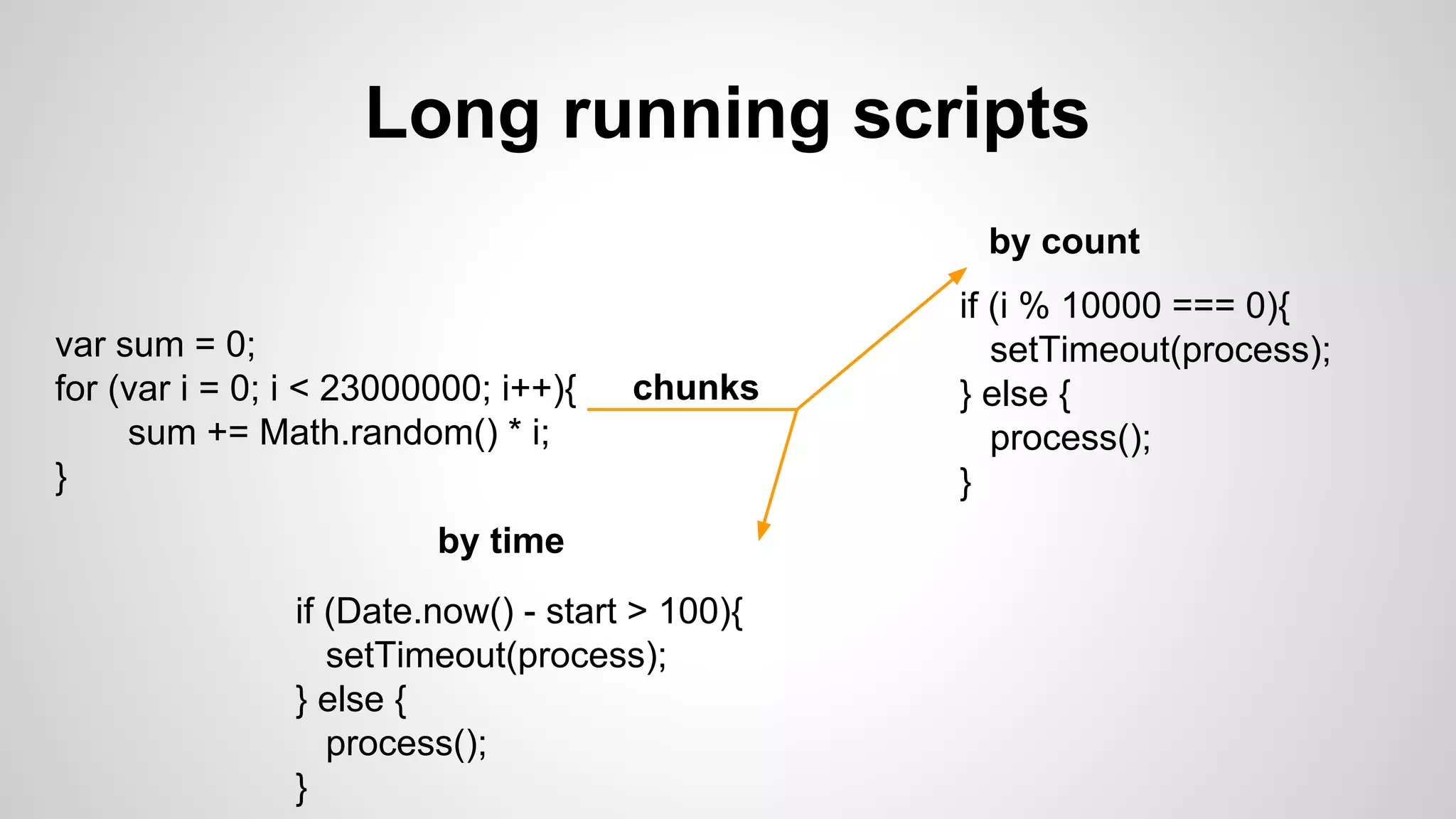 Long running scripts
var sum = 0;
for (var i = 0; i < 23000000; i++){
sum += Math.random() * i;
}
chunks
by count
by time
if (Date.now() - start > 100){
setTimeout(process);
} else {
process();
}
if (i % 10000 === 0){
setTimeout(process);
} else {
process();
}
 