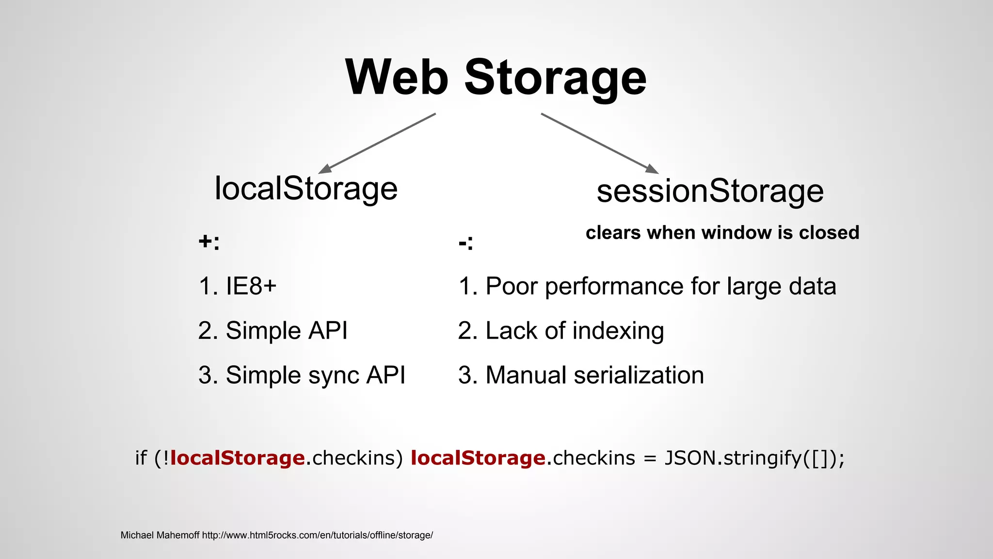 localStorage sessionStorage
Web Storage
clears when window is closed
+:
1. IE8+
2. Simple API
3. Simple sync API
-:
1. Poor performance for large data
2. Lack of indexing
3. Manual serialization
Michael Mahemoff http://www.html5rocks.com/en/tutorials/offline/storage/
if (!localStorage.checkins) localStorage.checkins = JSON.stringify([]);
 