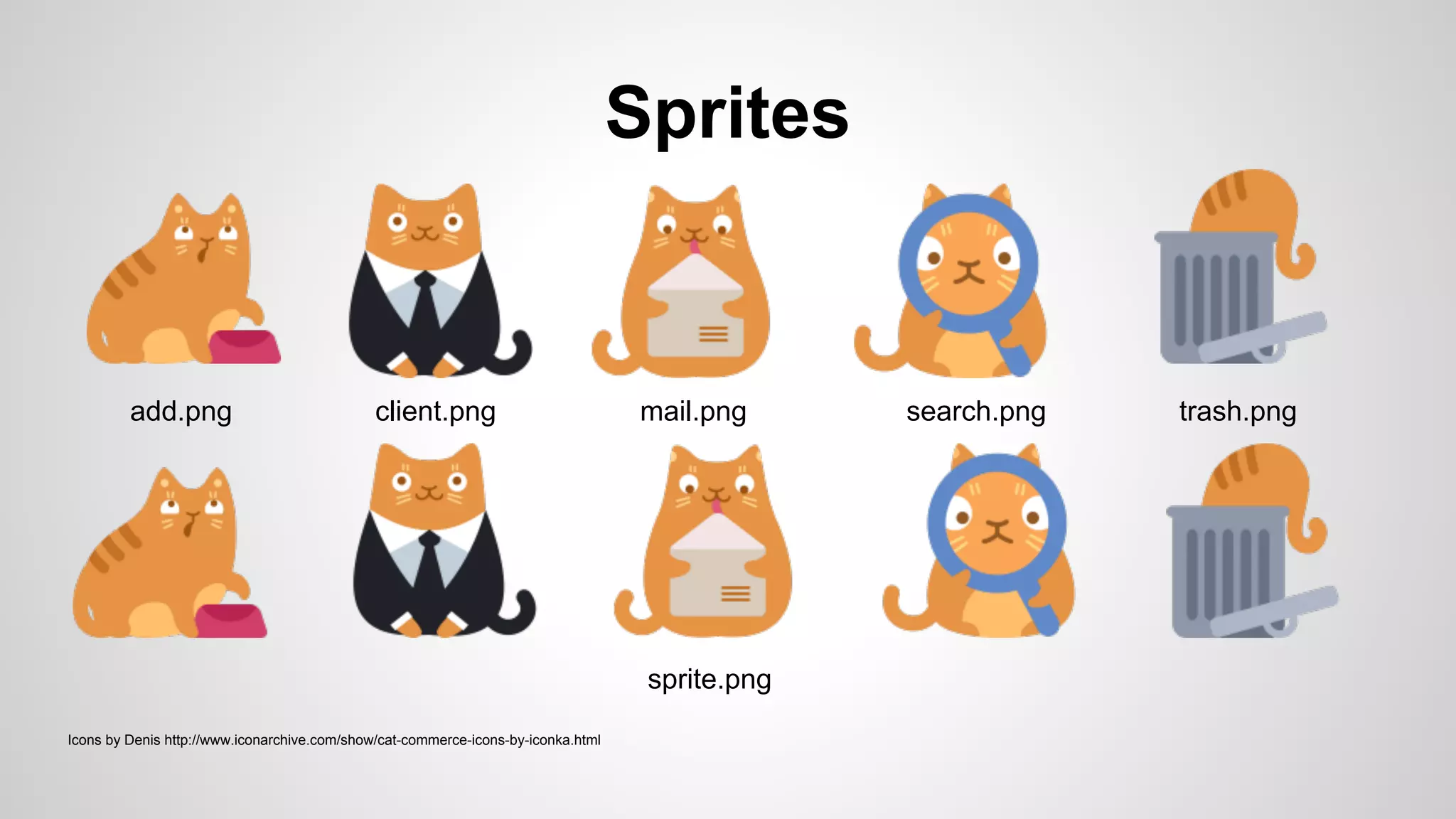 Sprites
Icons by Denis http://www.iconarchive.com/show/cat-commerce-icons-by-iconka.html
add.png client.png mail.png search.png trash.png
sprite.png
 