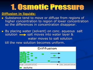 Diffusion in liquids:
 Substance tend to move or diffuse from regions of
higher concentration to region of lower concentration
so the differences in concentration disappear.
 By placing water (solvent) on conc. aqueous salt
solution salt moves into water layer &
water moves to salt solution
till the new solution becomes uniform.
 