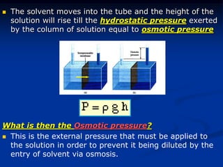  The solvent moves into the tube and the height of the
solution will rise till the hydrostatic pressure exerted
by the column of solution equal to osmotic pressure
What is then the Osmotic pressure?
 This is the external pressure that must be applied to
the solution in order to prevent it being diluted by the
entry of solvent via osmosis.
 