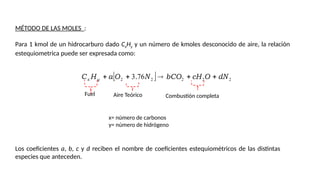 MÉTODO DE LAS MOLES :
Para 1 kmol de un hidrocarburo dado CxHy y un número de kmoles desconocido de aire, la relación
estequiometrica puede ser expresada como:
  2
2
2
2
2 76
3 dN
O
cH
bCO
N
O
a
H
C y
x 



 .
Los coeficientes a, b, c y d reciben el nombre de coeficientes estequiométricos de las distintas
especies que anteceden.
Fuel Aire Teórico Combustión completa
x= número de carbonos
y= número de hidrógeno
 