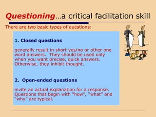 Questioning…a critical facilitation skill
1. Closed questions
generally result in short yes/no or other one
word answers. They should be used only
when you want precise, quick answers.
Otherwise, they inhibit thought.
2. Open-ended questions
invite an actual explanation for a response.
Questions that begin with “how”, “what” and
“why” are typical.
There are two basic types of questions:
 