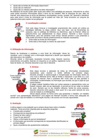 • Quais são as fontes de informação disponíveis?
• Quais são as melhores?
• Quais são os métodos alternativos de obter informação?
Na biblioteca da escola podes obter ajuda para definir uma estratégia de pesquisa, indicando-te os sítios
onde podes encontrar informações sobre o tema do teu trabalho. Não te esqueças de que, além da
Internet, tens disponíveis os livros da biblioteca, enciclopédias, jornais, revistas, etc. Aprende a identificar
para cada tema a fonte de informação que te poderá ser mais útil. Tenta encontrar um conjunto de
palavras-chave para usares na tua pesquisa

                     3. Localização e acesso

                     Com esta etapa inicia-se a investigação propriamente dita, pondo em prática as
                     estratégias definidas na etapa anterior. Aqui vais fazer uso de ferramentas de
                     pesquisa, seja no catálogo da biblioteca ou electrónico, seja na Internet. Utiliza as
                     palavras-chave que estabeleceste na etapa anterior. Aprende a fazer buscas
                     significativas, para não perderes muito tempo. Decide primeiro o que pretendes e
                     onde podes encontrar e decide posteriormente os materiais necessários:
                     • Onde estão as fontes de informação?
                     • Onde está a informação no interior de cada fonte?



4. Utilização da informação

Depois de localizares e acederes a uma fonte de informação, deves ler,
visualizar, ouvir e interagir com a informação disponível e decidir que aspectos
são úteis para o teu trabalho.
Deverás extrair a informação necessária tomando notas, fazendo resumos,
preenchendo uma grelha, fazendo um esquema ou um gráfico, registando numa
base de dados, etc. Deverás descartar a que não é relevante

                           5. Síntese

                          Esta etapa envolve a aplicação de todas as informações consideradas
                          necessárias para resolver a tarefa definida na primeira etapa.
                          Deverás proceder à reestruturação e reorganização da informação dentro de
                          uma nova e diferente forma. Não te limites a reproduzir o que leste ou o que
                          copiaste da Internet. Para o professor têm muito valor as tuas opiniões e
                          conclusões, fundamentadas na informação que reuniste, do que a cópia do que
                          outros fizeram.
                          O plágio (utilizar trabalhos feitos por outras pessoas e apresentá-los como se
                          fossem nossos), além de ser desonesto, é punível por lei por violar os direitos
                          de autor. Sempre que no teu trabalho utilizares textos de outras pessoas,
                          deverás colocá-los entre aspas e dizer quem foi o seu autor (através de uma
                          nota de rodapé ou na Bibliografia).
                          Deves depois pensar na forma como vais apresentar o trabalho: um trabalho
escrito? uma apresentação electrónica? uma página de Internet? Escolhe a forma mais adequada de
acordo com o tipo de trabalho e a informação reunida, e de acordo com as tuas capacidades.


6. Avaliação

A última etapa é a da avaliação que tu próprio deves fazer sobre o trabalho
realizado. Tenta encontrar resposta para as seguintes perguntas:
• A tarefa está completa?
• Corresponde às expectativas do professor?
• Poderia ter feito melhor?
• O que foi que aprendi?
• Obtive a informação de que se necessitava?
• A informação que encontrei correspondia às necessidades identificadas na
     primeira etapa?
• Qual a importância dos ajustamentos realizados
 