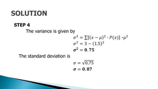 STEP 4
The variance is given by
𝜎2 = 𝑥 − 𝜇 2 ∙ 𝑃(𝑥) -𝜇2
𝜎2
= 3 − 1.5 2
𝝈𝟐
= 𝟎. 𝟕𝟓
The standard deviation is
𝜎 = 0.75
𝝈 = 𝟎. 𝟖𝟕
 
