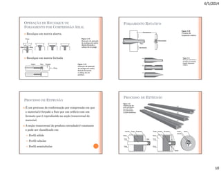 6/5/2014
10
OPERAÇÃO DE RECALQUE OU
FORJAMENTO POR COMPRESSÃO AXIAL
 Recalque em matriz aberta.
 Recalque em matriz fechada
FORJAMENTO ROTATIVO
PROCESSO DE EXTRUSÃO
 É um processo de conformação por compressão em que
o material é forçado a fluir por um orifício com um
formato que é reproduzido na seção transversal do
material.
 A seção transversal do produto extrudado é constante
e pode ser classificado em:
 Perfil sólido
 Perfil tubular
 Perfil semitubular
PROCESSO DE EXTRUSÃO
 