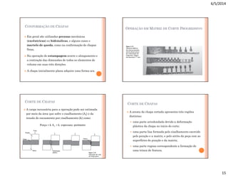 6/5/2014
15
CONFORMAÇÃO DE CHAPAS
 Em geral são utilizadas prensas mecânicas
(excêntricas) ou hidráulicas, e alguns casos o
martelo de queda, como na conformação de chapas
finas,
 Na operação de estampagem ocorre o alongamento e
a contração das dimensões de todos os elementos de
volume em suas três direções.
 A chapa inicialmente plana adquire uma forma oca.
OPERAÇÃO EM MATRIZ DE CORTE PROGRESSIVO
 A carga necessária para a operação pode ser estimada
por meio da área que sofre o cisalhamento (As) e da
tensão de escoamento por cisalhamento (k) como:
CORTE DE CHAPAS
perímetro
espessura
k
A
k
Força s ⋅
⋅
=
=
CORTE DE CHAPAS
 A aresta da chapa cortada apresenta três regiões
distintas:
 uma parte arredondada devido a deformação
plástica da chapa no início do corte;
 uma parta lisa formada pelo cisalhamento exercido
pelo punção e a matriz, e pelo atrito da peça com as
superfícies do punção e da matriz;
 uma parte rugosa correspondente a formação de
uma trinca de fratura.
 