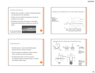 6/5/2014
16
CORTE DE CHAPAS
 A folga entre o punção e a matriz é fundamental para
uma operação de corte adequada.
 A folga varia em função da espessura e do tipo de
material a ser cortado.
 O desgaste do punção e da matriz ou uma folga
inadequada pode produzir rebarbas na aresta da
chapa.
Souza, J.H.C.; Estudo do processo de
corte de chapas por cisalhamento;
Dissertação M.Sc.; UFRGS; 2001.
OPERAÇÃO EM MATRIZ DE CORTE PROGRESSIVO
DOBRAMENTO
 No dobramento o material sofre deformação
plástica devido a esforços de flexão.
 O processo pode ser aplicado a chapas, barras,
tubos e perfis com diversos formatos.
 No dobramento deve-se levar em conta a
recuperação elástica do material após a retirada
dos esforços (efeito mola).
DOBRAMENTO E ESTAMPAGEM PROFUNDA
 