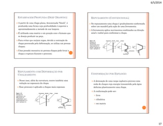 6/5/2014
17
ESTAMPAGEM PROFUNDA (DEEP DRAWING)
 A partir de uma chapa plana, denominada “blank”, é
produzida uma forma cuja profundidade é superior a
aproximadamente a metade de sua largura.
 É utilizada uma matriz e um punção com o formato que
se deseja produzir na peça.
 Para evitar que surjam rugas, devido a contração da
chapa provocada pela deformação, se utiliza um prensa-
chapas.
 Uma pressão excessiva no prensa-chapas pode levar a
chapa a ruptura durante o processo.
REPUXAMENTO (CONVENCIONAL)
 No repuxamento uma chapa é gradualmente conformada
sobre um mandril pela ação de uma ferramenta.
 A ferramenta aplica movimentos combinados na direção
axial e radial para conformar a chapa.
REPUXAMENTO COM DEFORMAÇÃO POR
CISALHAMENTO
 Nesse caso, além da curvatura, ocorre também uma
redução na espessura da chapa.
 Esse processo é aplicado a chapas mais espessas.
CONFORMAÇÃO POR EXPLOSÃO
 A detonação de uma carga explosiva provoca uma
onda de choque cuja energia transmitida pela água
deforma plasticamente uma chapa.
 A conformação pode ser:
 livre
 cilíndrica
 em matriz
 