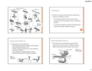 6/5/2014
7
LAMINAÇÃO
LAMINAÇÃO
 Em geral, nos processos siderúrgicos, as primeiras
etapas são realizadas a quente.
 O interior permanece por mais tempo a uma
temperatura elevada e pode ocorrer o crescimento
de grão.
 As camadas superficiais sofrem maior deformação
e apresentam grãos cristalinos menores.
LAMINAÇÃO DE ROSCAS
 A laminação de roscas apresenta:
 alta resistência mecânica devido ao encruamento
pela deformação plástica a frio;
 tensões residuais compressivas, o que melhora a
resistência a fadiga;
 bom acabamento superficial, porém menor
precisão dimensional em relação a usinagem.
PROCESSO MANNESMANN
 É um processo de conformação a quente que foi
desenvolvido na Alemanha em 1885 pelos irmãos
Mannesmann para produzir tubos “sem costura”.
 