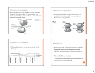 6/5/2014
8
PROCESSO MANNESMANN
 Consiste na passagem de uma barra maciça entre dois
rolos com conicidade dupla. Os rolos possuem uma
inclinação em relação ao eixo da barra e produzem uma
torção e o avanço da barra.
LAMINAÇÃO TRANSVERSAL
 Consiste na passagem do material através de um
conjunto de rolos com entalhes correspondentes a
forma que se deseja produzir.
LAMINAÇÃO TRANSVERSAL
 O fluxo plástico ocorre na direção do eixo do rolo de
laminação.
FORJAMENTO
 É uma operação de conformação mecânica realizada
por meio do esforço de compressão aplicado pela
superfície de uma ferramenta, denominada matriz.
 Pode ser dividido em dois tipos:
 Forjamento em matriz aberta, ou forjamento livre
 Forjamento em matriz fechada
 