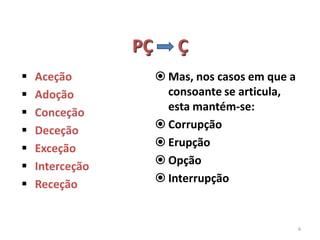 PÇ       Ç
   Aceção             Mas, nos casos em que a
   Adoção              consoante se articula,
   Conceção            esta mantém-se:
   Deceção            Corrupção
   Exceção            Erupção
   Interceção         Opção
   Receção            Interrupção


                                                  6
 