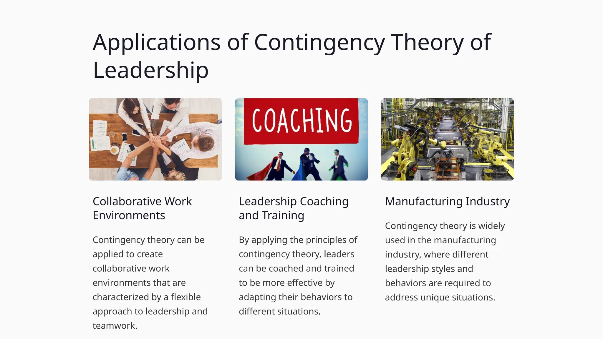 Applications of Contingency Theory of
Leadership
Collaborative Work
Environments
Contingency theory can be
applied to create
collaborative work
environments that are
characterized by a flexible
approach to leadership and
teamwork.
Leadership Coaching
and Training
By applying the principles of
contingency theory, leaders
can be coached and trained
to be more effective by
adapting their behaviors to
different situations.
Manufacturing Industry
Contingency theory is widely
used in the manufacturing
industry, where different
leadership styles and
behaviors are required to
address unique situations.
 