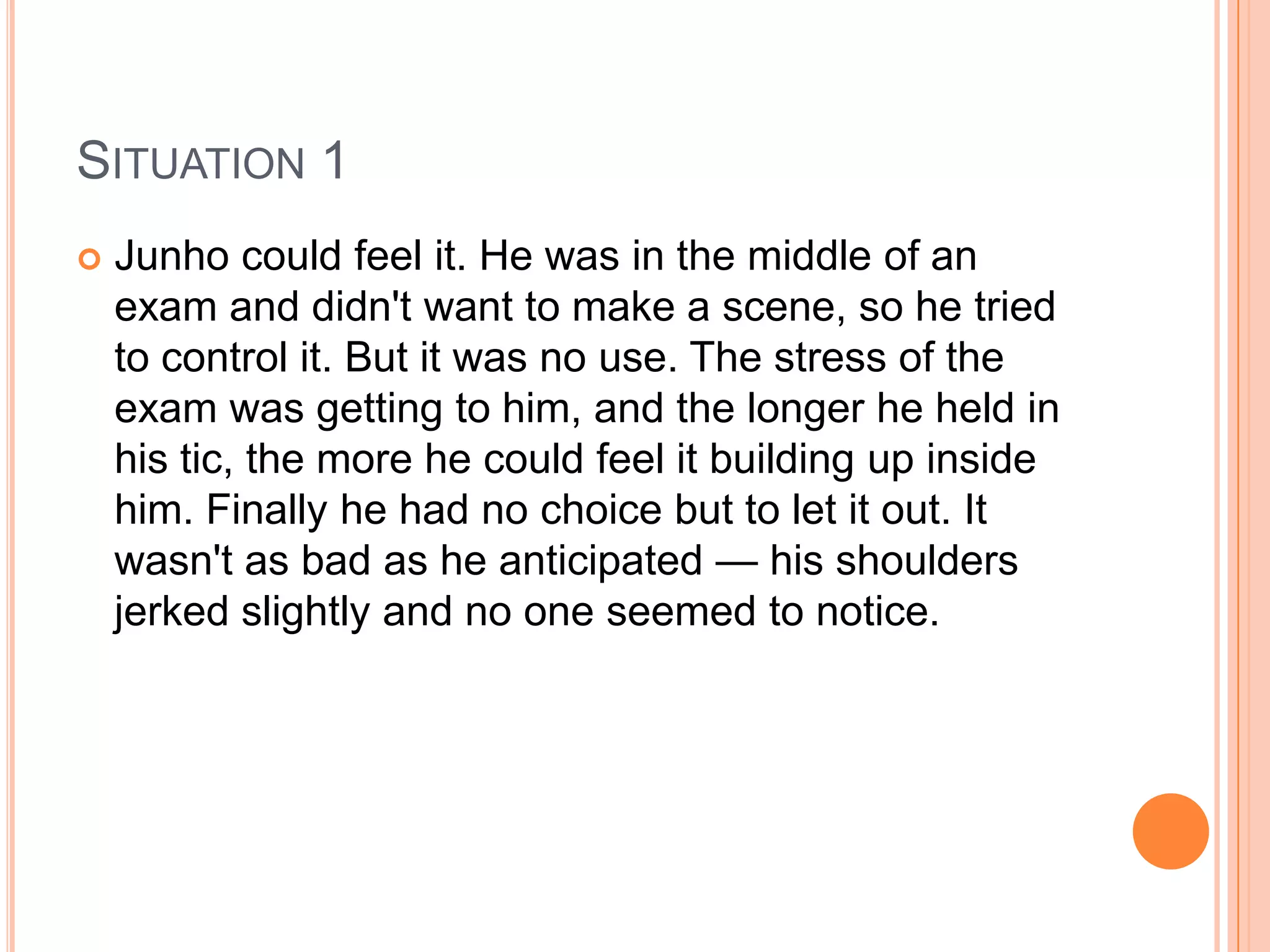 MANIFESTATION OF PARTIAL SEIZURESManifestation will depend on the part of the brain where the discharge originatesTEMPORAL LOBE-the most common-may result in strange warning feelings or aura with smell and taste abnormalities and distortion of sound and shape.-lip smacking, plucking at one’s clothing, and walking in non-purposely manner (automatism)-dejavu-consciouness can be impairedFRONTAL SEIZURESInvolve motor cortex