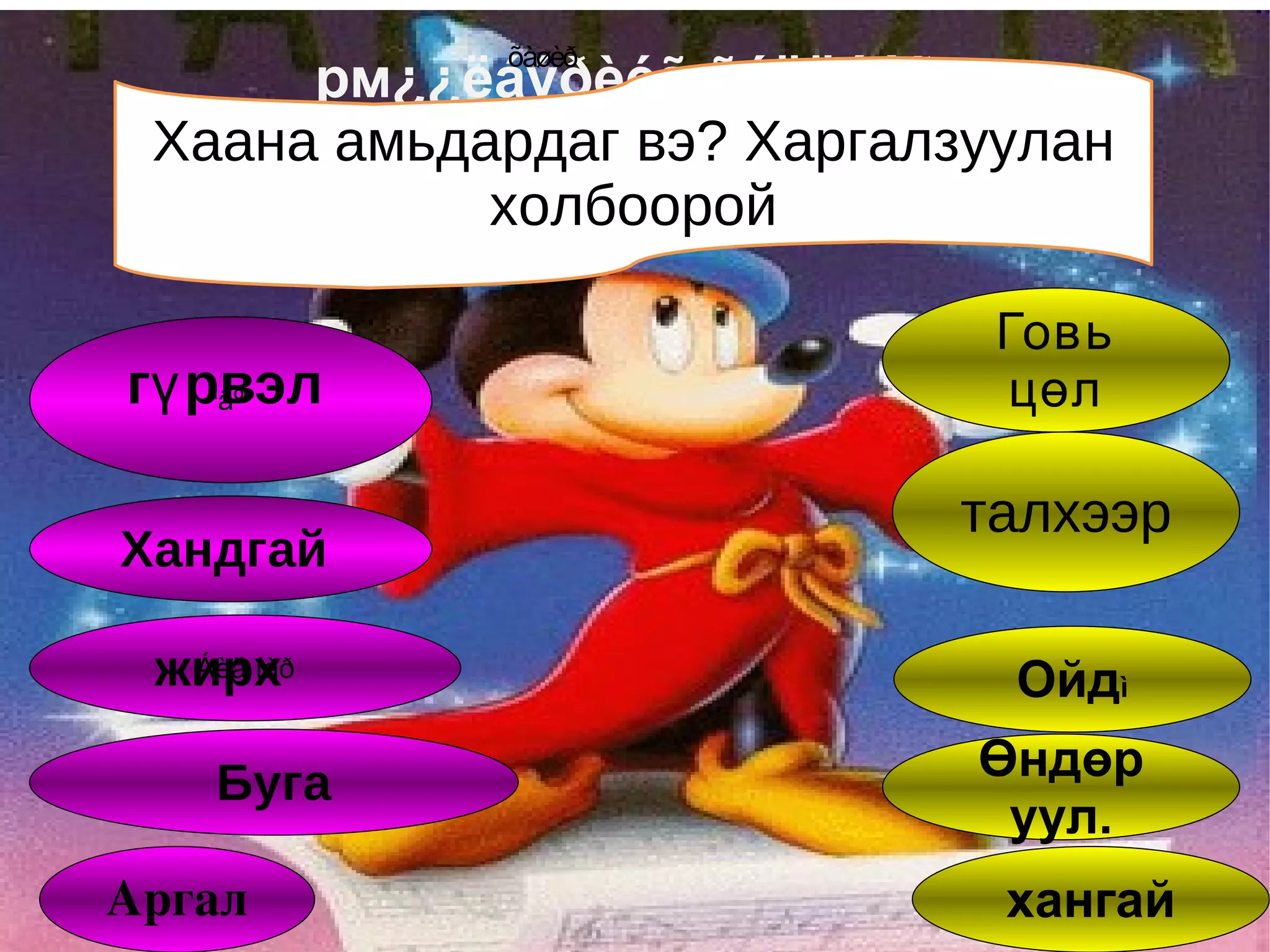 õàøèð
      рм¿¿ëáýðèéã õýëöýýð
 Хаана амьдардаг вэ? Харгалзуулан
                á.
            холбоорой

                             Говь
гү рвэл
    ªâºº                     цөл

                           талхээр
Хандгай

 жирх
  Áèä íàð
                             Ойдì

    Буга                    Өндөр
                             уул.
Аргал                        хангай
 