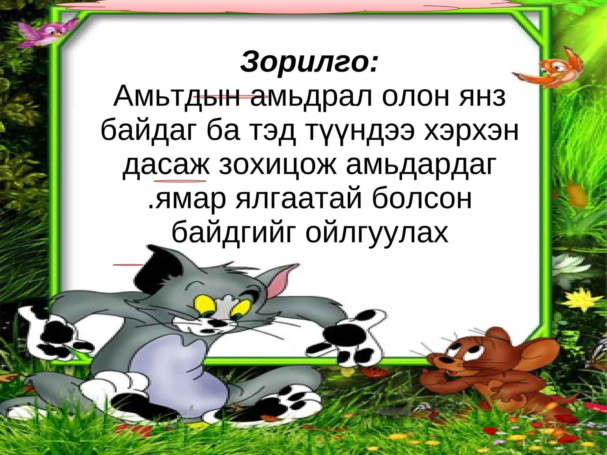 Зорилго:
 Амьтдын амьдрал олон янз
байдаг ба тэд түүндээ хэрхэн
 дасаж зохицож амьдардаг
   .ямар ялгаатай болсон
     байдгийг ойлгуулах
 