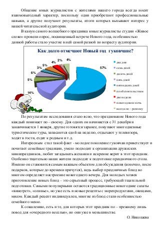 Общение юных журналистов с жителями нашего города всегда носит
взаимовыгодный характер, поскольку одни приобретают профессиональные
навыки, а другие получают результаты, итоги которых вызывают интерес у
нашей читательской аудитории.
В канун самого волшебного праздника юные журналисты студии «Живое
слово» провели опрос, посвященный встрече Нового года, особенностью
данной работы стало участие в ней самой разной по возрасту аудитории.
57%
14%
5%
6%
3%
5%
4%
2% 4%
Как долго отмечают Новый год гуковчане?
два дня
семь дней
десять дней
пять дней
пятнадцать дней
по обстоятельствам
две недели
новогоднюю ночь
всегда по - разному
По результатам исследования стало ясно, что празднование Нового года
каждый понимает по - своему. Для одних он начинается с 31 декабря и
заканчивается 1 января, другие готовятся заранее, покупают многодневные
туристические туры, запасаются едой на неделю, отдыхают у телевизора,
ходят в гости, ездят к родным и т.д.
Интересным стал такой факт - молодое поколение гуковчан приветствует и
почитает семейные традиции, умело подходит к организации дружеских
минипраздников, любит загадывать желания и искренне верит в этот праздник.
Особенно тщательно наши жители подходят к подготовке праздничного стола.
Именно он становится самым важным объектом для обсуждения (конечно, после
подарков, которые до времени прячутся), ведь выбор праздничных блюд во
многом определяет настроение новогоднего вечера. Для молодых хозяек
приготовление новых блюд – это серьезный процесс, требующей тщательной
подготовки. Самыми популярными остаются традиционные новогодние салаты
«винегрет», «оливье», но уже есть и новые рецепты с морепродуктами, овощами,
мясом. Каждый рецепт индивидуален, многие из блюд стали особенностью
семейного меню.
К сожалению, есть и те, для которых этот праздник по – прежнему лишь
повод для «очередного веселья», но они уже в меньшинстве.
О. Николаева
 