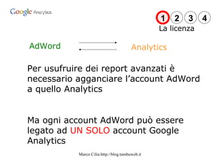 AdWord Analytics Per usufruire dei report avanzati è necessario agganciare l’account AdWord a quello Analytics Ma ogni account AdWord può essere legato ad  UN SOLO  account Google Analytics La licenza 