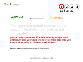 AdWord Analytics “ Per ogni sito quindi creo un nuovo account Analytics, controllato dal principale” you can only create up to 25 accounts using a single email address. In case you would like to create more accounts, you can consider using an different email address.  (http://www.distilled.co.uk/blog/ppc/arbitrary-limits-on-google-analytics/) La licenza 