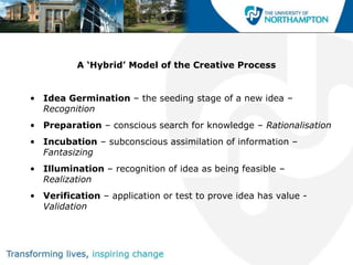 A ‘Hybrid’ Model of the Creative Process


• Idea Germination – the seeding stage of a new idea –
  Recognition
• Preparation – conscious search for knowledge – Rationalisation
• Incubation – subconscious assimilation of information –
  Fantasizing
• Illumination – recognition of idea as being feasible –
  Realization
• Verification – application or test to prove idea has value -
  Validation
 