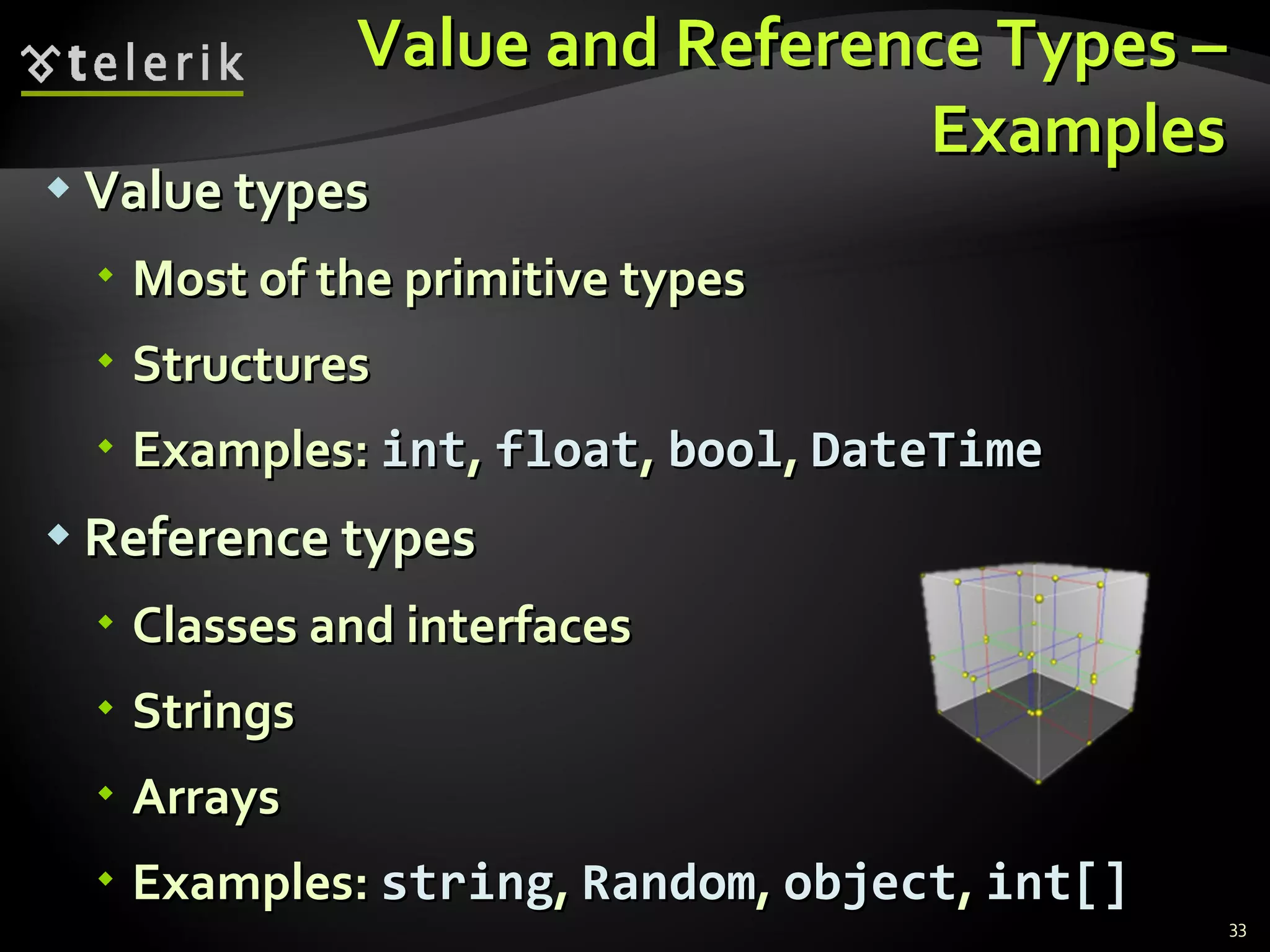 Value and Reference Types – Examples Value types Most of the primitive types Structures Examples:  int ,  float ,  bool ,  DateTime Reference types Classes and interfaces Strings Arrays Examples:  string ,  Random ,  object ,  int[] 