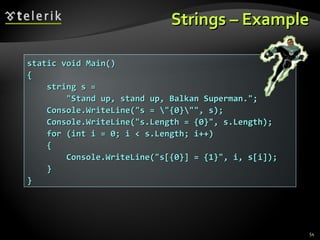 Strings – Example static void Main() { string s =  &quot;Stand up, stand up, Balkan Superman.&quot;; Console.WriteLine(&quot;s = \&quot;{0}\&quot;&quot;, s); Console.WriteLine(&quot;s.Length = {0}&quot;, s.Length); for (int i = 0; i < s.Length; i++) { Console.WriteLine(&quot;s[{0}] = {1}&quot;, i, s[i]); } } 