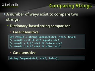 Comparing Strings A number of ways exist to compare two strings: Dictionary-based string comparison Case-insensitive Case-sensitive int result = string.Compare(str1, str2, true); // result == 0 if str1 equals str2 // result < 0 if str1 if before str2 // result > 0 if str1 if after str2 string.Compare(str1, str2, false); 