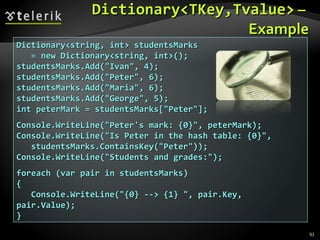 Dictionary<TKey,Tvalue>  –  Example Dictionary<string, int> studentsMarks    = new Dictionary<string, int>(); studentsMarks.Add(&quot;Ivan&quot;, 4); studentsMarks.Add(&quot;Peter&quot;, 6); studentsMarks.Add(&quot;Maria&quot;, 6); studentsMarks.Add(&quot;George&quot;, 5); int peterMark = studentsMarks[&quot;Peter&quot;]; Console.WriteLine(&quot;Peter's mark: {0}&quot;, peterMark); Console.WriteLine(&quot;Is Peter in the hash table: {0}&quot;, studentsMarks.ContainsKey(&quot;Peter&quot;)); Console.WriteLine(&quot;Students and grades:&quot;); foreach (var pair in studentsMarks) { Console.WriteLine(&quot;{0} --> {1} &quot;, pair.Key, pair.Value); } 