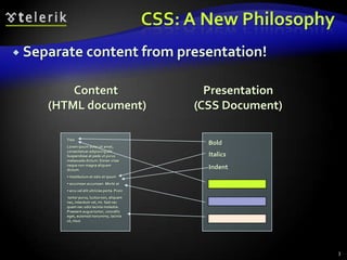 CSS: A New PhilosophySeparate content from presentation!3Content (HTML document)Presentation(CSS Document)TitleLorem ipsum dolor sit amet, consectetuer adipiscing elit. Suspendisse at pede ut purus malesuada dictum. Donec vitae neque non magna aliquam dictum. Vestibulum et odio et ipsum