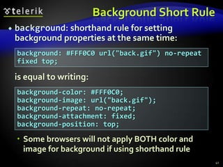 Short Font RulesfontShorthand rule for setting multiple font properties at the same time	is equal to writing this:37font: italic normal bold 12px Verdana;font-style: italic;font-variant: normal;font-weight: bold;font-size:12px;font-family: Verdana;