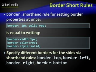 Background Short Rulebackground: shorthand rule for setting background properties at the same time:	is equal to writing:Some browsers will not apply BOTH color and image for background if using shorthand rule41background: #FFF0C0 url("back.gif") no-repeat fixed top;background-color: #FFF0C0;background-image: url("back.gif");background-repeat: no-repeat;background-attachment: fixed;background-position: top;